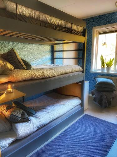 two bunk beds in a room with a window at VillaVasa Original in Transtrand