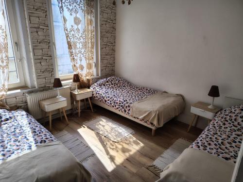 ein Schlafzimmer mit zwei Betten und einem Fenster in der Unterkunft Appartement au premier étage in Bourbourg