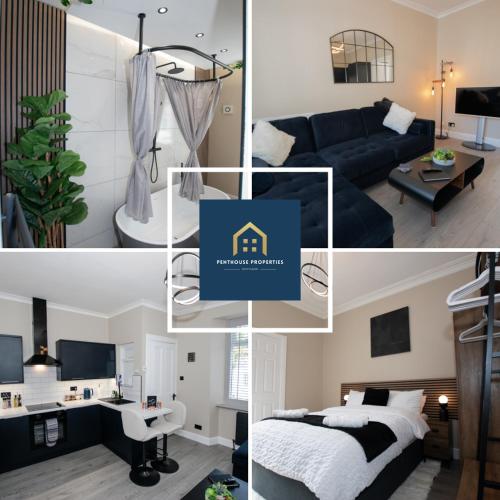 a collage of four pictures of a living room at The White House near Edinburgh in Bathgate