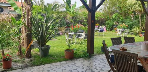 a patio with a table and plants in a yard at Chambres Du Petit Bonheur in Biscarrosse