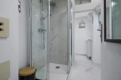 une salle de bain avec une douche avec une porte vitrée dans l'établissement Appartement Popincourt Bastille, à Paris