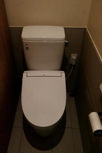 a white toilet in a bathroom with a roll of toilet paper at Bridgebuilders Tourist Home in Nanjo