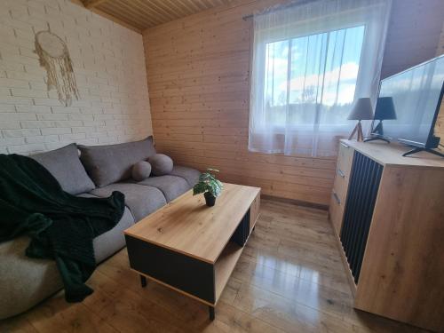 a living room with a couch and a coffee table at Domki u Pieszczocha in Bukowiec