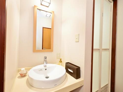 a bathroom with a white sink and a mirror at Oyado Hachibei in Takayama