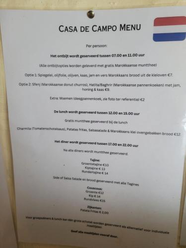 a menu for the casa de campo mexican restaurant at Casa de campo in Al Hoceïma