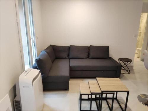 un salon avec un canapé et une table dans l'établissement Appartement Port-Vendres Rénové, à Port-Vendres