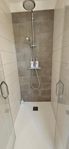 une salle de bain avec une douche avec pommeau de douche dans l'établissement Maison à 2 pas de la plage avec vue mer, à Lumio