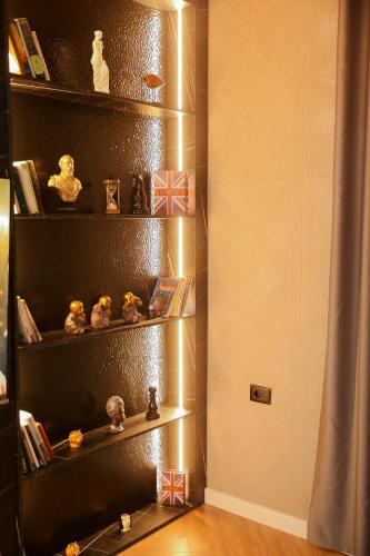 a black book shelf filled with figurines and books at N'Gen Luxury Villas - Razem in Razëm