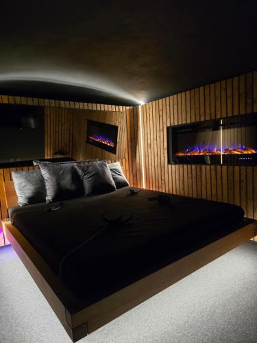 a bedroom with a large bed with a fireplace at Wellness Plus in Hrabŭvka