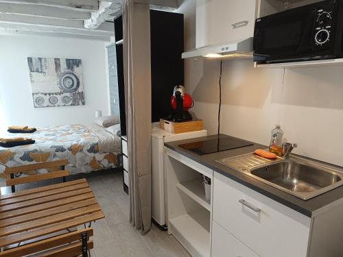 Il comprend une chambre et une petite cuisine avec un évier. dans l'établissement Studio 20 m2 avec salle d'eau et cuisine privatives, à Aigrefeuille-dʼAunis