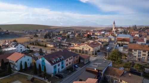 an aerial view of a small town with a church at Privat Agapi in Vrbov