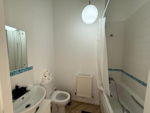a bathroom with a toilet and a sink and a shower at City Centre Duplex in Leicester
