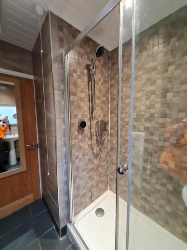 eine Dusche mit Glastür im Badezimmer in der Unterkunft Cottage, Pontsticill, Brecon Beacons in Dol-y-gaer Station