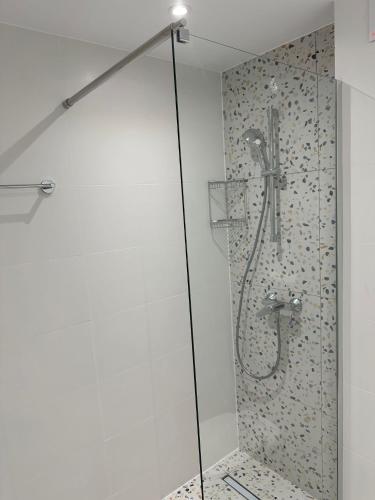 a shower with a glass door in a bathroom at Hotel Selena Boutique in Neptun