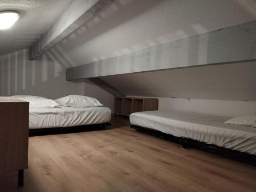 Cette chambre spacieuse dispose de 2 lits et de parquet. dans l'établissement Appartement en bord d'étang, au Barcarès