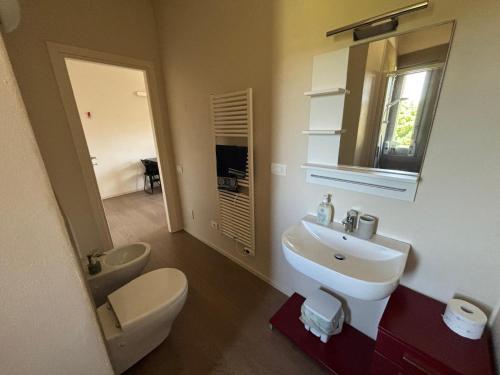 une salle de bain avec un lavabo, des toilettes et un miroir dans l'établissement Appartamento Via Bandettini, à Lucques