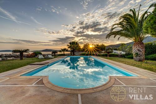 a swimming pool with a palm tree and the sunset at Beachfront Villa Armonia in Porto Hydra by goutos properties in Ermioni