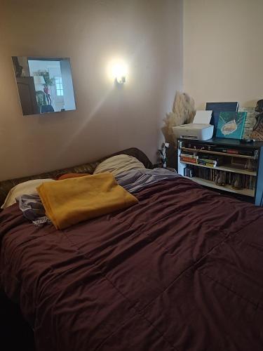 - une chambre avec un lit et une couverture brune dans l'établissement Maison d ôte, à La Celle-sous-Gouzon