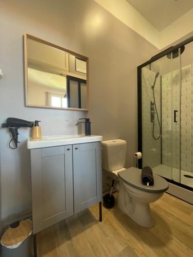 une salle de bain avec toilettes, lavabo et douche dans l'établissement Opale 3, à Vichy