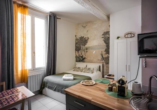 - une petite chambre avec un lit, un bureau et une télévision dans l'établissement Le Nid de l'Ecusson, à Montpellier