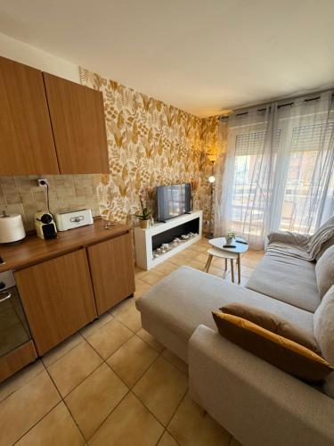 un salon avec un canapé et une cuisine dans l'établissement Casa de Lourenco, à Nice