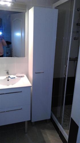 une salle de bain avec un lavabo blanc et une douche dans l'établissement GRANDE PLAGE A 50 Métres, à Valras-Plage