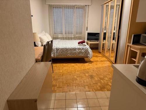 a living room with a bed and a kitchen at Swiss Flats in Lausanne