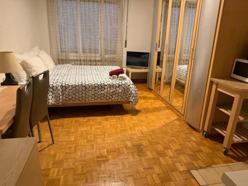 a small bedroom with a bed and a mirror at Swiss Flats in Lausanne