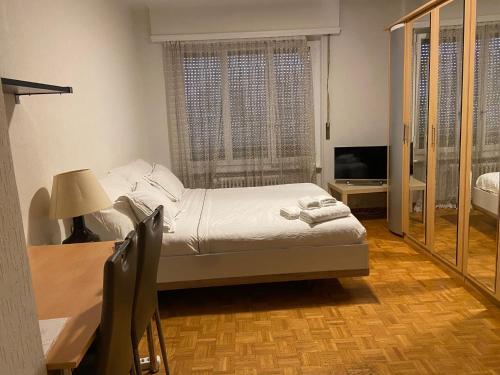 a bedroom with a bed and a desk and a television at Swiss Flats in Lausanne