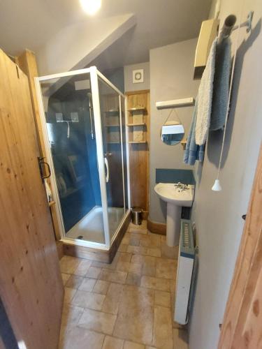 a bathroom with a shower and a sink at Rural Historic Farmhouse - A Peaceful Escape in West Down