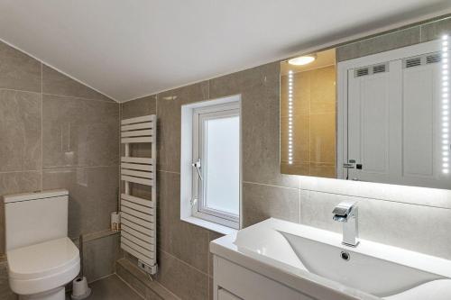 een badkamer met een wastafel, een toilet en een spiegel bij Picnic Cottage - Family Retreat near Dartmouth in Kingswear