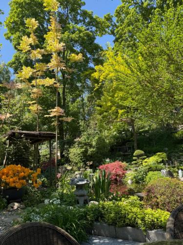 a garden with colorful flowers and a bird bath at Le Jardin De La Tuilerie Alsace in Pfastatt