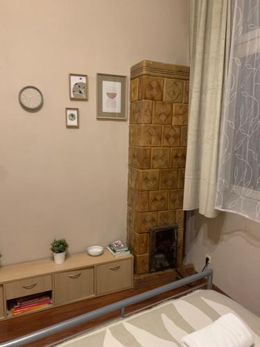a bedroom with a fireplace in the corner of a room at Enios Rooms Hostel Zwierzyniecka 6 in Kraków