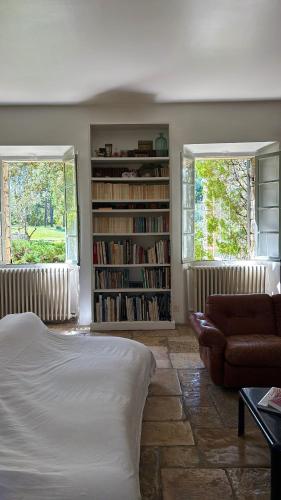 un salon avec un canapé et une étagère dans l'établissement Mas exceptionnel à Lagnes, Provence, à Lagnes