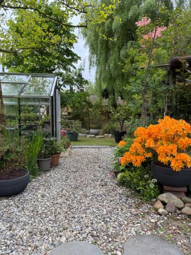a garden with flowers and a greenhouse at Le Jardin De La Tuilerie Alsace in Pfastatt