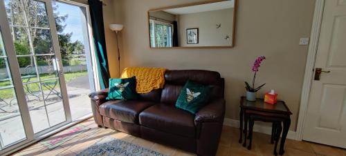 a brown leather couch in a living room with a mirror at Quayside Lodge in Carrick on Shannon