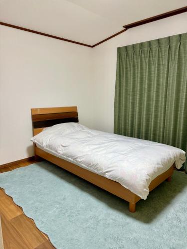 a bedroom with a bed and a green curtain at GREEN ViLLA南大阪 in Mikkaichi