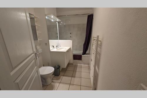une salle de bain avec toilettes, lavabo et miroir dans l'établissement Joli T2 dans résidence de vacances - Sierra Madre 202, à Canet