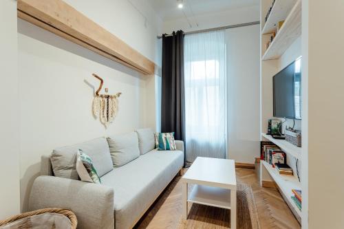 a living room with a couch and a tv at Apartmán CityPulse in Banská Štiavnica