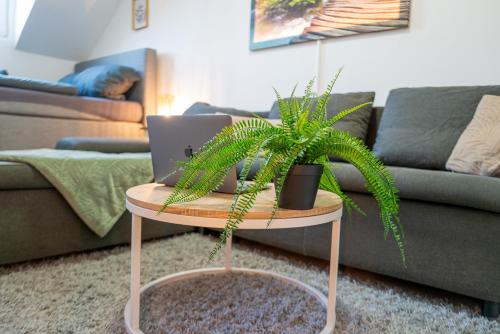 a table with a laptop on it in a living room at 223 Gemütliche Dachgeschosswhg im Herzen Neuss in Neuss