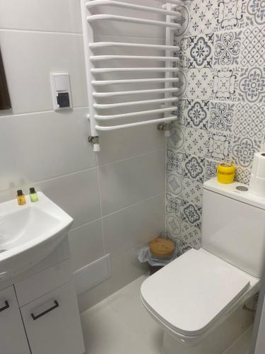 a white bathroom with a toilet and a sink at Apartament Mączyńskiego 4 in Jarosław