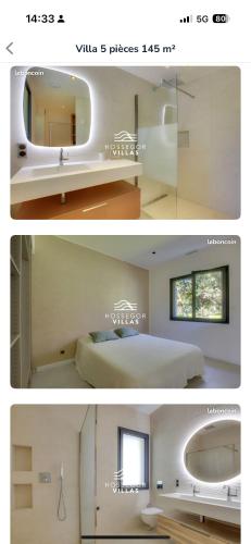 - deux photos d'une chambre avec un lit et un miroir dans l'établissement Luxueuse villa à deux pas des plages de Capbreton, à Labenne