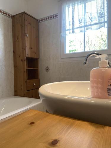 une salle de bain avec une baignoire et un lavabo avec une bouteille de savon dans l'établissement Mer et Campagne, maison entourée d'un jardin privé, à Quend