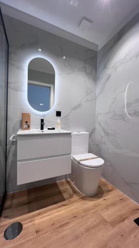 a bathroom with a toilet and a sink and a mirror at Crystal Palace Oporto Flat - With Two Bedrooms in Porto