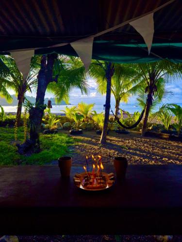 a table with a plate of food with a view of the beach at Shared Beach House in Drake
