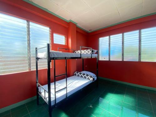 Lapu Lapu CityHostel Home in Lapu-Lapu City的红色墙壁的客房内设有两张双层床。