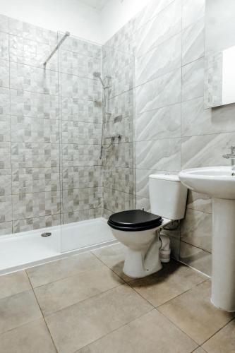 a bathroom with a toilet and a sink and a shower at Eden Quay Guesthouse Private Rooms in Dublin