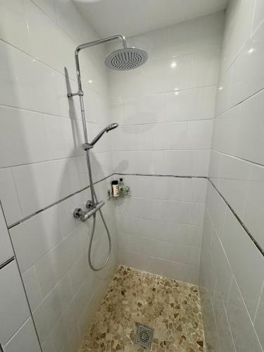 a bathroom with a shower with a glass door at Mas d'Andiol in Plan-dʼOrgon