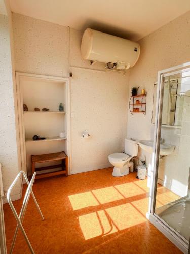 La salle de bains est pourvue de toilettes et d'une porte en verre. dans l'établissement Jolly Château - private room 