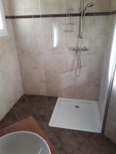 a bathroom with a shower with a toilet and a sink at Les Logis de Léa in Saint-Beauzély